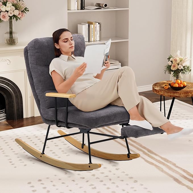 Rocking Chair with Footrest-Glider Rocker Chair with Retractable Footrest and Adjustable Backrest, Teddy Upholstered Rocking Chair, Modern Accent Chair for Living Room/Nursery/Bedroom/Outdoor-Grey