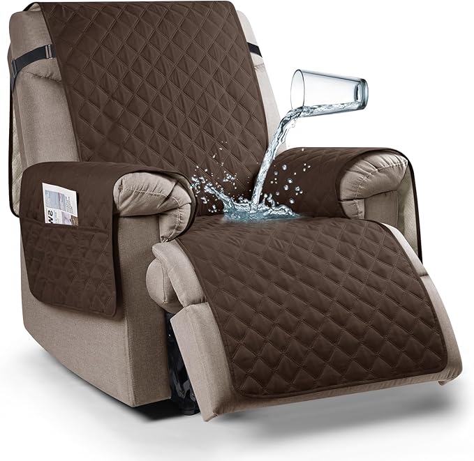 Ruaozz 100% Waterproof Recliner Chair Cover Non-Slip Oversized Reclining Cover for Large Recliner Chair Washable Chair Seat Cover with Elastic Straps for Kids, Dogs, Pets (Dark Brown, 28'')