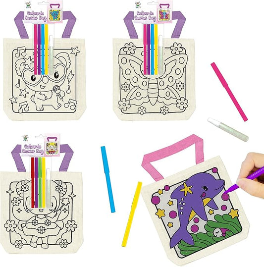 12 Pieces Kids Coloring Goodie Bags, Reusable Canvas Bag, Cute Art Party Favors, Color Your Own Bags for DIY Painting Birthday Carnival Celebration, Party Supplies Gift, Girls
