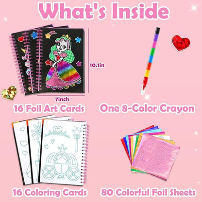 Foil Art Craft Activity for Kids: Fun DIY Toy Sticker Kit, No Mess Creative Travel Supply Set, Idea Birthday Easter Basket Stuffers Valentines Gift for Girl Boy Toddler 4 5 6 7 8 9 Year Old (Princess)