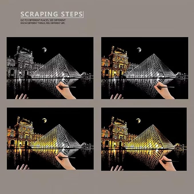 Georgie Porgy Scratch Paper Art A3 Set DIY Arts and Crafts Kits for Kids Adults, Magic Rainbow Scratch Postcard for Christmas Birthday Gift with Scratching Tools Kit (Paris + Louvre)