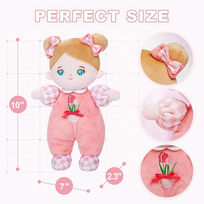 OUOZZZ Soft Baby Doll 10" Tulip Pink - First Birthday Toys for 1 Year Old Girl, Ideal 1 Year Old Girl Gifts & Baby Girl Gifts, Snuggle Buddy for Infants