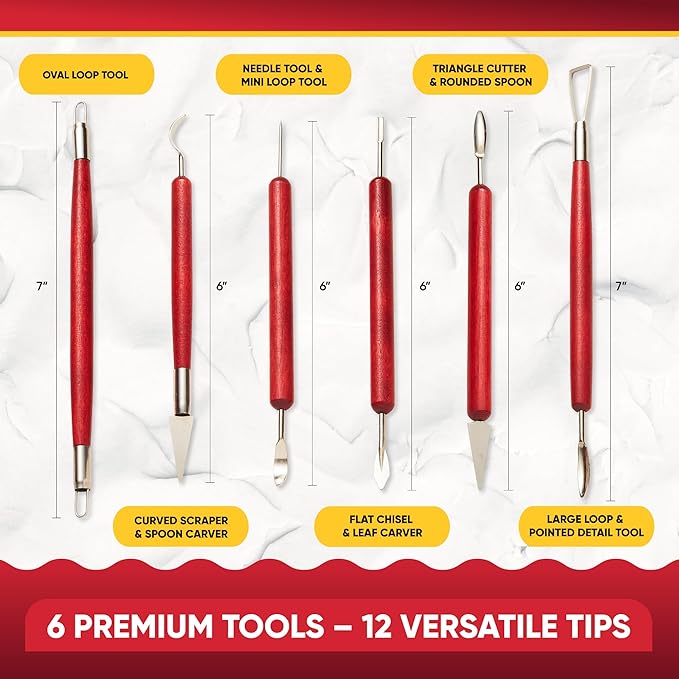 6 Pcs Clay Sculpting Tools for Air Dry & Polymer Clay, 6pc Pottery Tools Set for Modeling Clay, Ceramics & Wax Carving, Stainless Steel Double Ended Kit for Sculpting, Shaping & Pottery Art