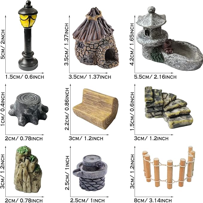 Cayway 26 PCS Outdoor Fairy Garden Miniatures Mini Zen Garden Accessories, Artificial Grass, Model Trees, Terrarium Ornaments, Dollhouse Supplies, Bonsai Decorative Craft Tools Kit