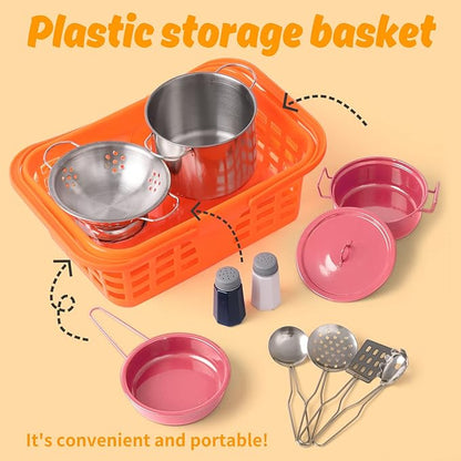 Kids Play Kitchen Toy Accessories Set Toddler Cooking Playset Colorful Stainless Steel Pots and Pans Birthday Gifts for 3+ Girls Boys (Pink)