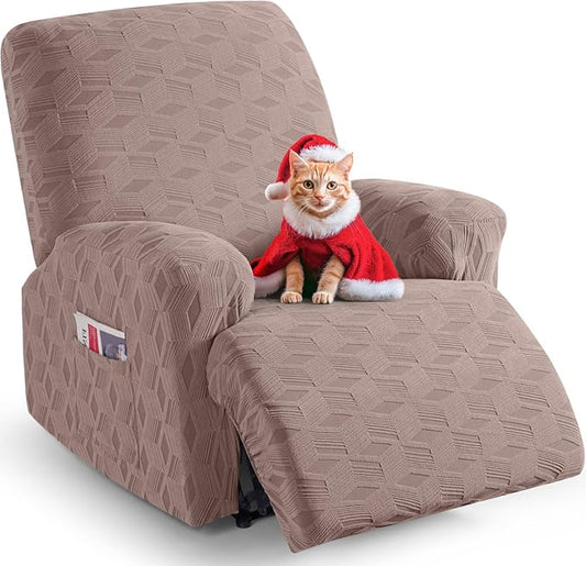 TAOCOCO Recliner Cover 3 Pieces Recliner Chair Covers, Stretch Jacquard Reclining Chair Cover, Furniture Protector Sofa Slipcovers Couch Covers with Elastic Bottom for Kids, Pets (Khaki)