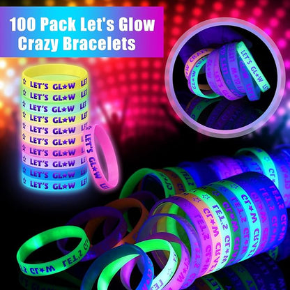 Karenhi 100 Pcs Let's Glow Silicone Bracelet Crazy Bracelet Glow in the Dark Bracelets Light up Wristbands for Neon Party Concerts Sports Parties Night Favors, 10 Styles