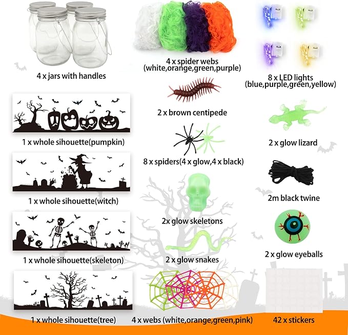 Shemira Halloween Craft Kit for Kids, 4 pcs Glass Mason Jar with Accessories for DIY Lantern Jar, Halloween Art & Craft Party Supplies, Halloween Art Activities,Halloween Craft and Art Party Supplies