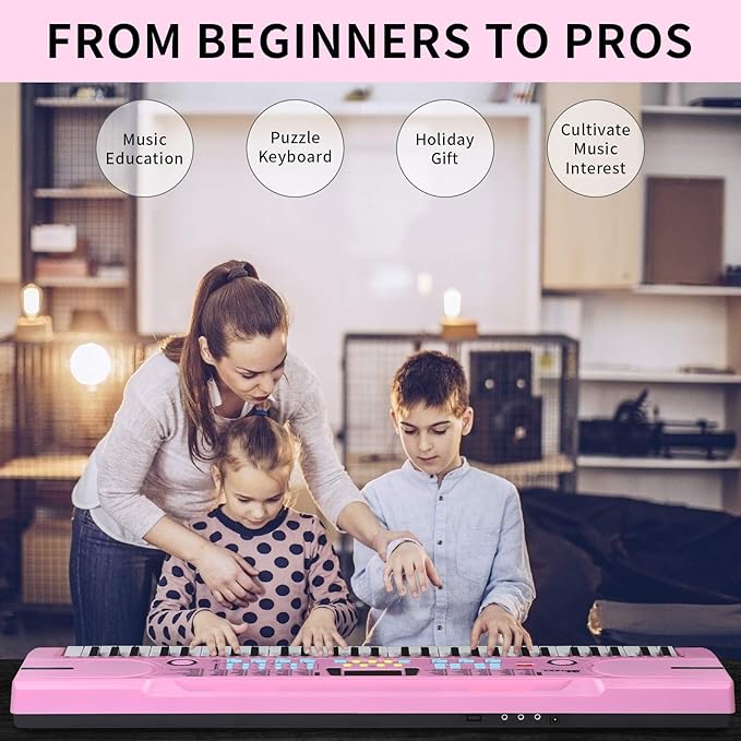 Kids Keyboard 61 Keys, Beginner Electronic Piano with One-Key Teaching 100 Tones & Rhythms, Portable Music Keyboard for Children with Microphone, Music Stand [Pink, Piano Only]