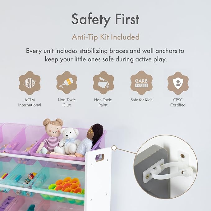 Humble Crew Toy Storage Organizer with 16 Removable Storage Bins for Kids Playroom, 4-Tier Toddler Toy Organization and Storage, White/Purple/Pink/Blue