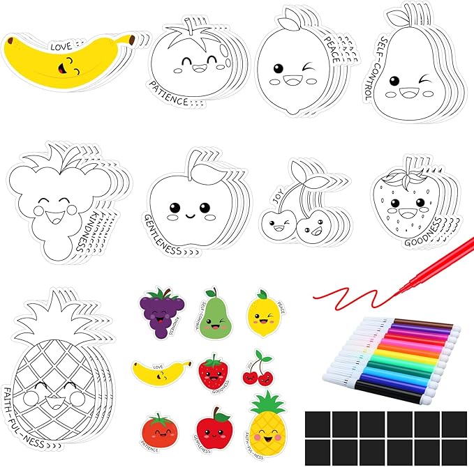 36 Set Fruit of The Spirit Crafts for Kids Color Your Own Fruit Magnets Decor DIY Christian Religious Craft Kit Cute Fruit Fridge Magnets for Classroom Sunday School VBS Coloring Activity