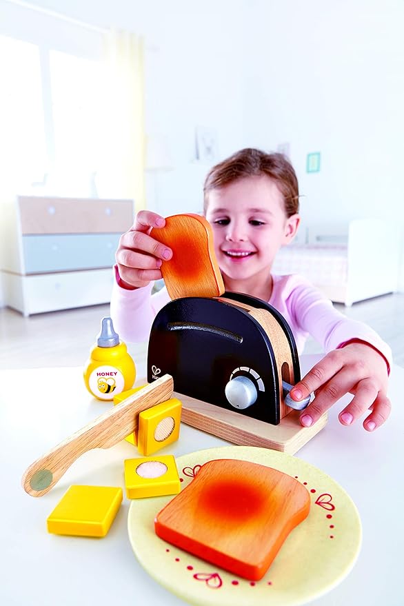 Hape Wooden Black Pop up Toaster Set| Pretend Play Kitchen Playset with Toast, Butter and Honey for Preschoolers Ages 3 Years and Up