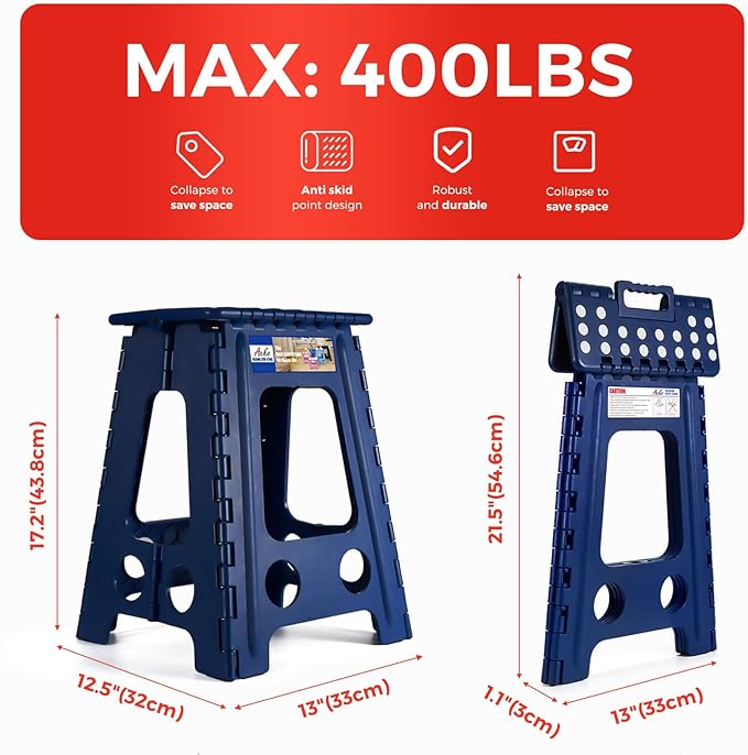 ACKO Folding Step Stool Foldable 17.5 Inch Stool 400 lbs Capacity,Plastic Stools for Adults and Kids,Collapsible Stool for Kitchen, Stepping Stool with Handle(Royal Blue)