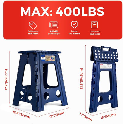 ACKO Folding Step Stool Foldable 17.5 Inch Stool 400 lbs Capacity,Plastic Stools for Adults and Kids,Collapsible Stool for Kitchen, Stepping Stool with Handle(Royal Blue)