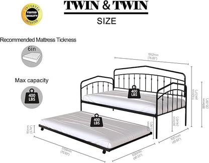 Christopher Knight Home Fox Twin Daybed with Trundle, Metal Sofa Bed Set, Rollaway Daybed Couch Bed Frame for Bedroom Living Room Guest Room, Elegant and Simple Style, Anti-Noise, Easy Assembly, White