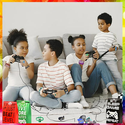 24 sets of Video Game Party Favors, 220 Pcs Gamer party Favors - Gaming Birthday Goodie Bags Included Gift Bags, Game Keychain, Slap Bracelet, Stickers, Game Ring, Hand Strap for Gaming Kids