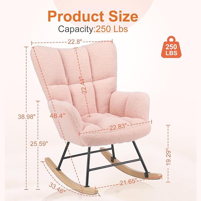 Sweetcrispy Rocking Chair Nursery, Teddy Upholstered Glider Rocker with High Backrest, Reading Chair Modern Rocking Accent Chairs Glider Recliner for Living Room, Nursery, Bedroom