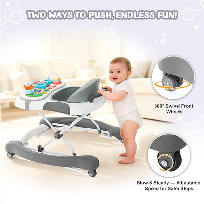 5-in-1 Foldable Baby Walker，Music and Lights Baby Walker with Wheels,Height Adjustable Infant Walker, with Activity Center, Rocker, Bouncer,Push Walker & Feeding Tray for Babies 6-18 Months (Gray)