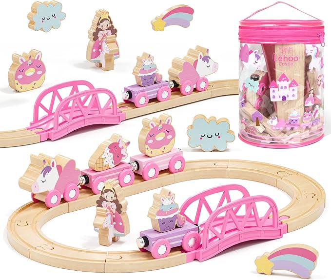 Lehoo Castle Wooden Train Set for Girls, Unicorn Train Set for Toddlers 2-4, Wooden Train Track with Storage Bag, Pink Train Fantasy Toys for 3 Year Old Girl Christmas Birthday Gifts