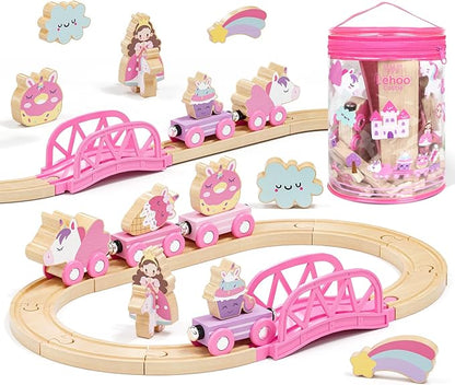 Lehoo Castle Wooden Train Set for Girls, Unicorn Train Set for Toddlers 2-4, Wooden Train Track with Storage Bag, Pink Train Fantasy Toys for 3 Year Old Girl Christmas Birthday Gifts