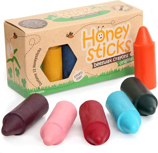 Honeysticks 100% Pure Beeswax Crayons (12 Pack) - Non-Toxic Crayons, Safe for Babies and Toddlers, For 1 Year Plus, Handmade in New Zealand with Natural Beeswax and Food-Grade Colors, Eco-Friendly.