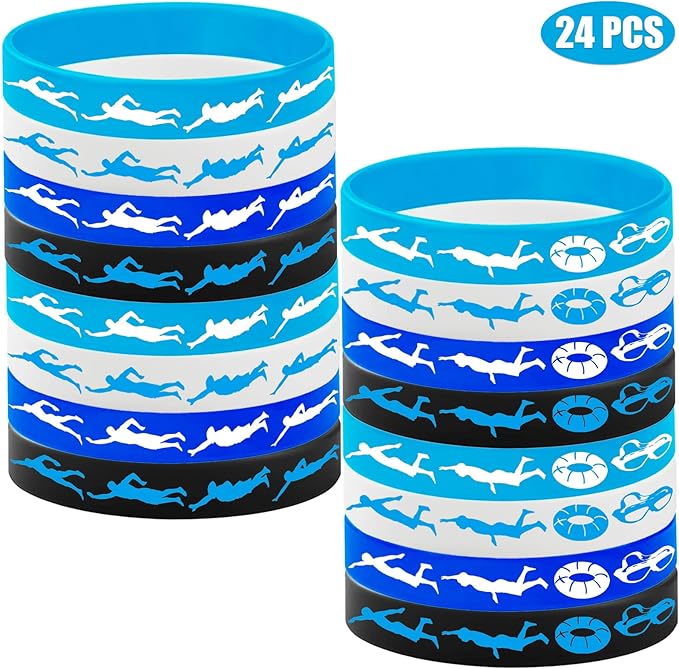 24PCS Swimming Silicone Wristband Party Favors -Swimming Rubber Wristband Party Supplies Decorations Swimming Action Sport Themed Birthday Baby Shower Party Favors