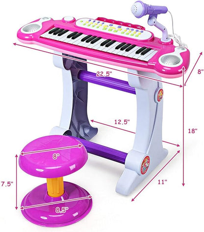 Costzon 37-Key Kids Piano Keyboard Toy, Toddler Electronic Musical Instrument Educational Toy w/Microphone, Multiple Sounds, Record Playback, Lights & Stool, Birthday Gift for Girls Boys Age 3+, Pink