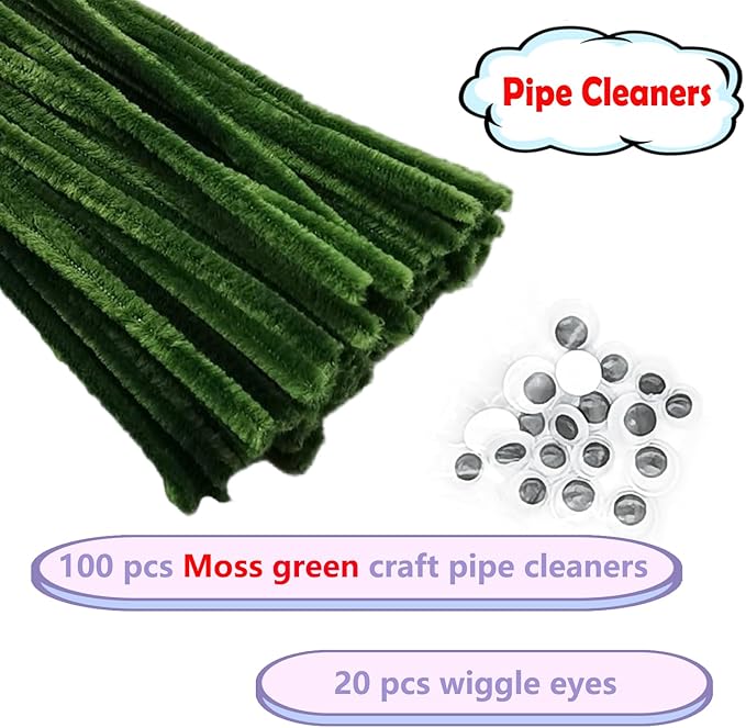 Cldamecy 100 pcs Moss Green Pipe Cleaners with 20 pcs Googly Eyes,Chenille Stems for Craft Project,Craft Pipe Cleaners for DIY Projects,Arts and Holiday Decoration