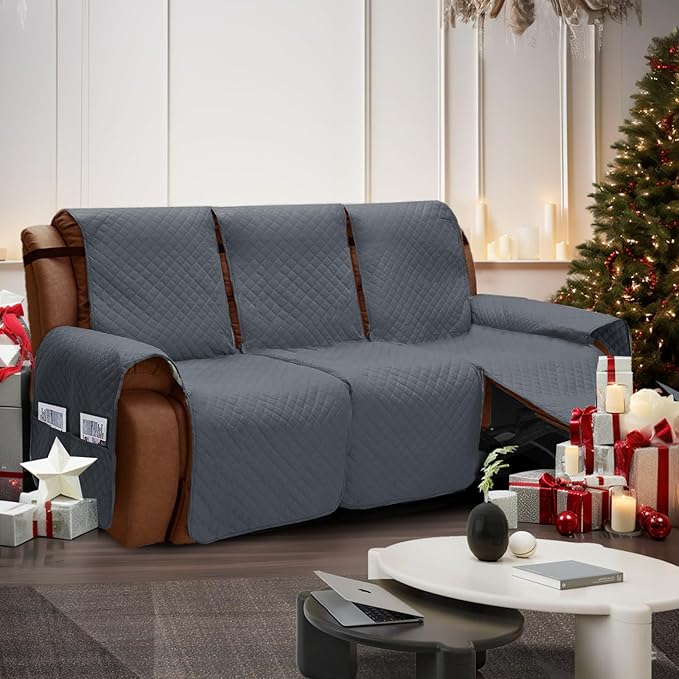 XINEAGE Water Resistant Recliner Cover, 3 seat Recliner Sofa Covers with Pockets, Quilted Thick Recliner Protector Cover for Dog Pets with Non Slip Backing and Strap (Recliner Sofa, Dark Gray)