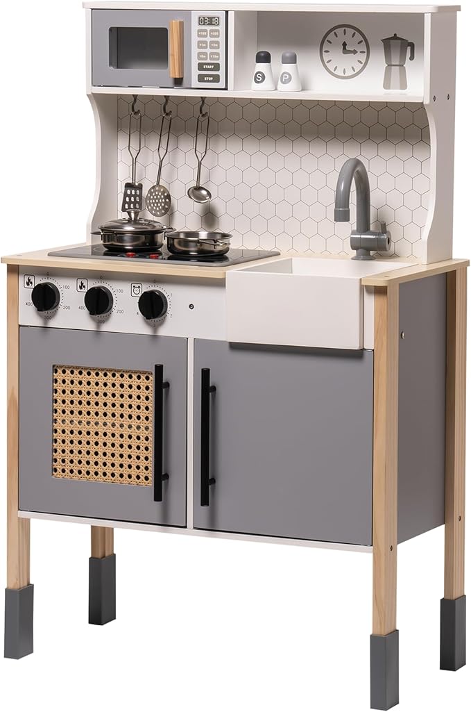 ROBOTIME Wooden Play Kitchen, Kids & Toddlers Kitchen Playset, Kids Play Kitchen Pretend Play Set with Lights & Sounds, Toy Kitchen for Ages 3+ (Gray)