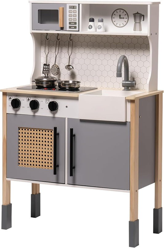 ROBOTIME Wooden Play Kitchen, Kids & Toddlers Kitchen Playset, Kids Play Kitchen Pretend Play Set with Lights & Sounds, Toy Kitchen for Ages 3+ (Gray)