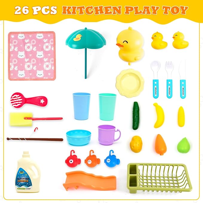 Play Sink with Running Water, Kitchen Sink Toys Play Kitchen Toy with Fake Food & Kitchenware, Pool Floating Fishing Toys for Water Play, Kids Role Play Dishwasher Toy (Duck Sink)