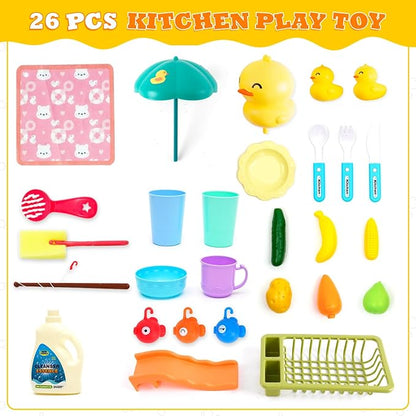 Play Sink with Running Water, Kitchen Sink Toys Play Kitchen Toy with Fake Food & Kitchenware, Pool Floating Fishing Toys for Water Play, Kids Role Play Dishwasher Toy (Duck Sink)