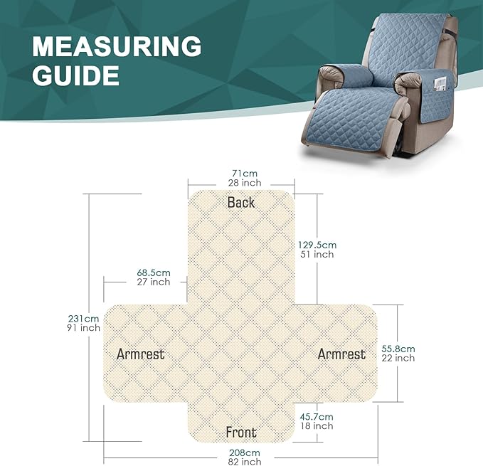 Ruaozz 100% Waterproof Recliner Chair Cover Non-Slip Oversized Reclining Cover for Large Recliner Chair Washable Chair Seat Cover with Elastic Straps for Kids, Dogs, Pets (Pastel Blue, 28'')