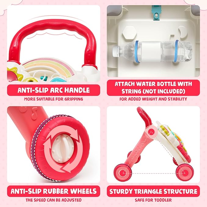 Sit-to-Stand Learning Walker 3 in1 Baby Walker Early Education Activity with Weight Gain Design Sounds Music Phone Multifunctional Removable Play Panel Educational Push Toy Gift for Boys Girls（Pink）