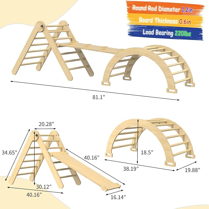 Pikler Triangle Set, 7 in 1 Foldable Climbing Toys Set for Kids, Baby Jungle Gym with Ramp & Arch,Wooden Montessori Climbing Set Indoor for Toddler (Natural)
