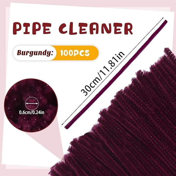 100 Pcs Pipe Cleaners, Wine Red Pipe Cleaners Bulk for Crafts Flowers, Bouquet Making, Chenille Stem for Home Festival Decorations (Burgundy)