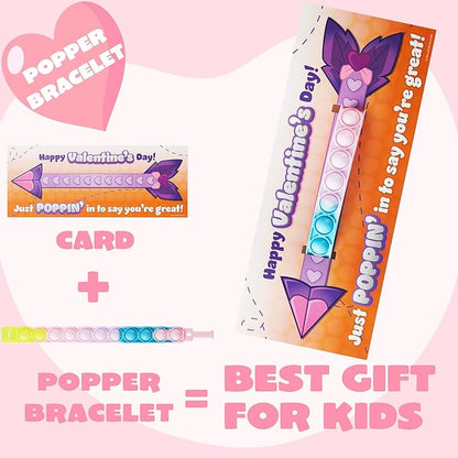 JOYIN 28 Packs Valentine's Day Cards with Pop Fidget Bracelet Pop Bubble Fidget Toy Bracelet Wristband Stress Relief Finger Press Toy for Kids Valentine's Classroom Exchange Prizes Party Favors