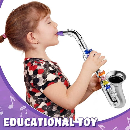 Lewtemi Silver Saxophone Musical Instruments Toy for Kid Toddler Fake Plastic Preschool Music Toy Gift Portable Wind Instrument Early Educational Teaching Songs Toy Gifts for Toddlers Children
