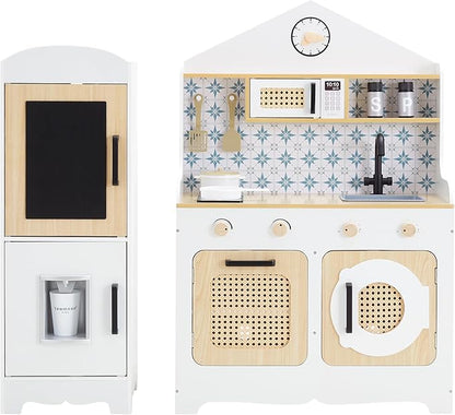 Teamson Kids Little Chef Morocco Play Kitchen with Chalkboard, Ice Dispenser, and 11pc. Accessory Set, White/Natural