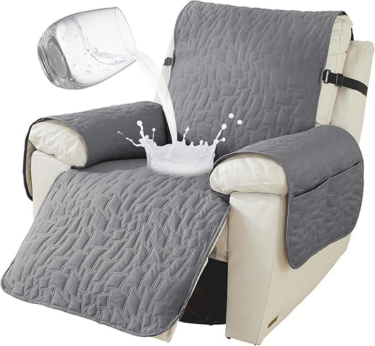 100% Waterproof Recliner Chair Covers for Reclining Chair, Small Recliner Covers That Stay in Place, Non-Slip Recliner Armchair Cover with Pockets for Kids, Pets, Dogs, Cat, Washable,Light gra