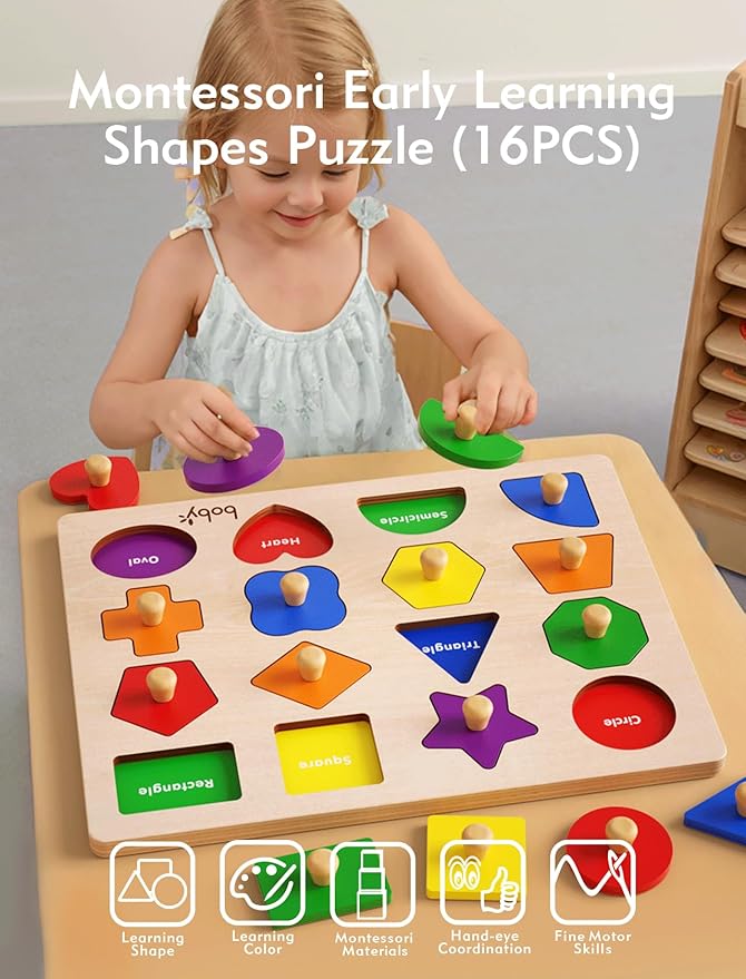 Boby Montessori Puzzles for Babies 8-12-18-24 Months, Wooden Jumbo Knob Peg Puzzle Shape Sorter for Toddlers 1-3 Year Old, Early Learning Sensorial Toys (Montessori Shapes Puzzle(16 Pieces))