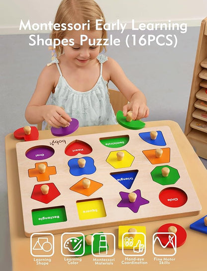 Boby Montessori Puzzles for Babies 8-12-18-24 Months, Wooden Jumbo Knob Peg Puzzle Shape Sorter for Toddlers 1-3 Year Old, Early Learning Sensorial Toys (Montessori Shapes Puzzle(16 Pieces))