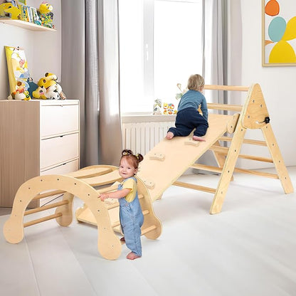 YOLEO 7-in-1 Pikler Triangle Set, Large Wooden Climbing Toys for Toddlers 1-3 Inside, Montessori Fun Toddler Climbing Toys Indoor Playground and Jungle Gyms Playset,Easy-Fold Pikler Triangle (Natural)