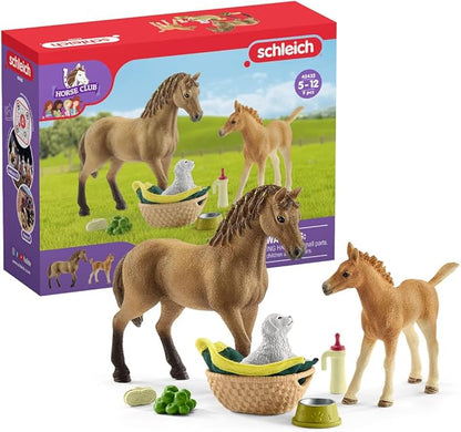 Schleich Horse Club Sarah's Baby Horse Animal Care Figurine Toy Set - Little Farm Animal Care Horse, Foal, and Puppy with Accessories Play Toy Set for Boys and Girls, Gift for Kids Age 5+
