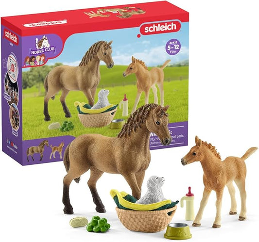 Schleich Horse Club Sarah's Baby Horse Animal Care Figurine Toy Set - Little Farm Animal Care Horse, Foal, and Puppy with Accessories Play Toy Set for Boys and Girls, Gift for Kids Age 5+