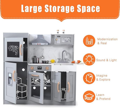 Play Kitchen for Kids, Wooden Play Kitchen with Toy Storage System, Toy Kitchen Set with Plenty of Play Features, Gift for Ages 3+,Grey