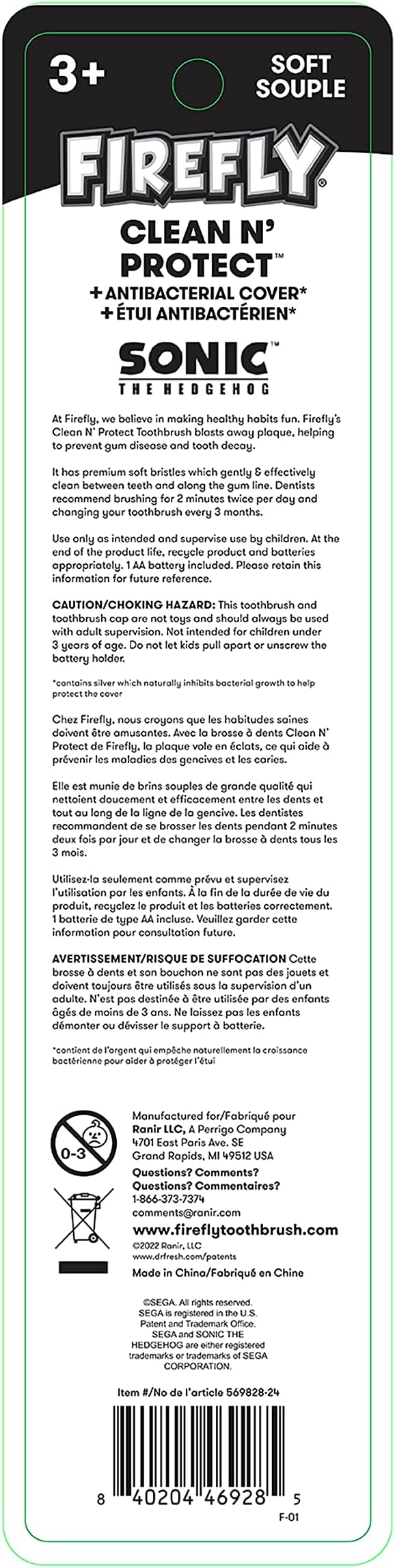 FIREFLY Clean N' Protect, Sonic The Hedgehog Toothbrush with 3D hygienic Cover, Premium Soft Bristles, Anti-Slip Grip Handle, Battery Included, Ages 3+, (Pack of 2)