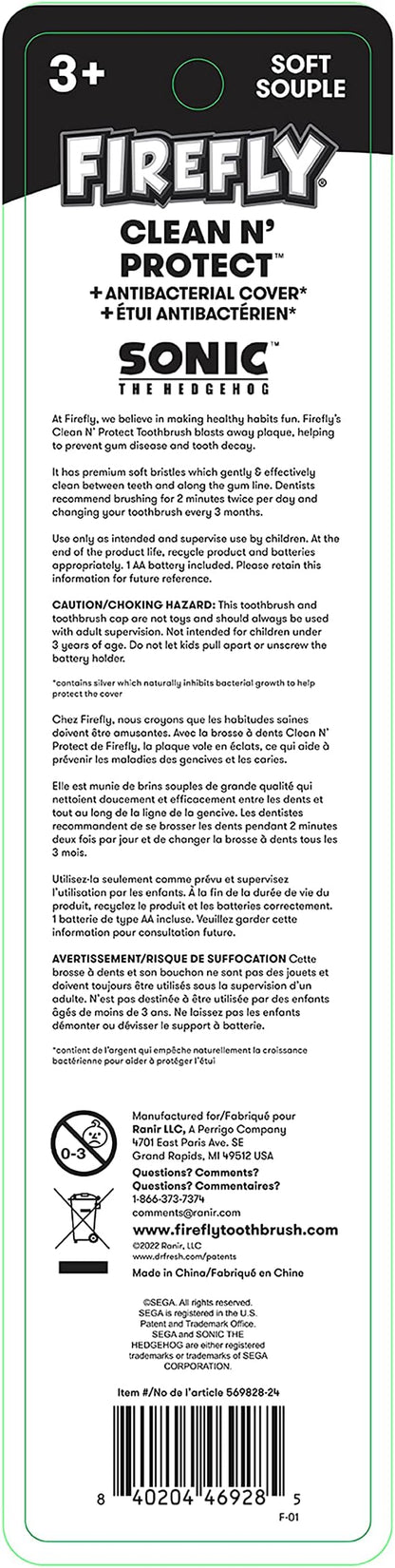 FIREFLY Clean N' Protect, Sonic The Hedgehog Toothbrush with 3D hygienic Cover, Premium Soft Bristles, Anti-Slip Grip Handle, Battery Included, Ages 3+, (Pack of 2)