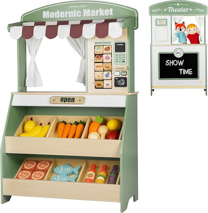 Kids Grocery Store Pretend Play, Puppet Theater&Grocery Store Playset Toy Double-Sided, Toddler Supermarket Toy Cash Register w/Blackboard, Display Shelves, Gift for Boys Girls, Green